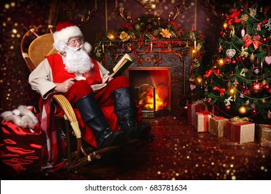 Good old Santa Claus having a rest in his house next to the fireplace and Christmas tree.  - Powered by Shutterstock