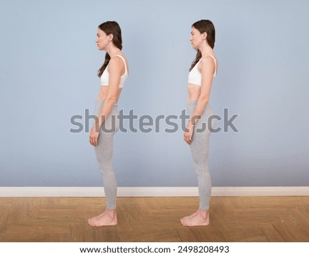 Good posture and bad posture of a woman, side view