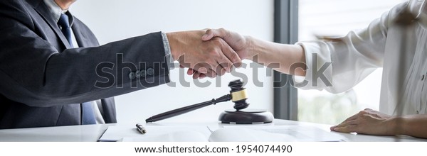 Good service cooperation of\
Consultation between a male lawyer and business woman customer,\
Handshake after good deal agreement, Law and Legal\
concept.