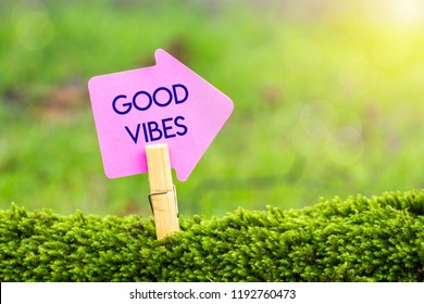good vibes arrow sign on green moss with sunshine background