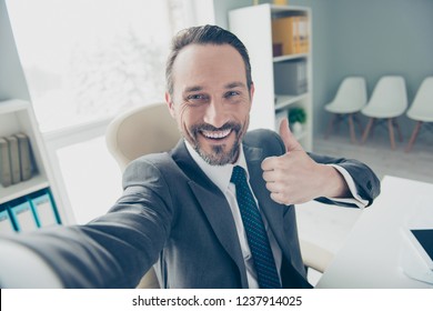 Good-looking Brunet Hair Stubble Man In Trendy Style Stylish Formalwear Take Selfie Demonstration Show Symbol Gesture Trust Recommend Make Beaming Toothy Smile