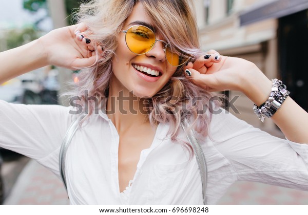Goodlooking Curly Girl Elegant Haircut Laughing Stock Photo