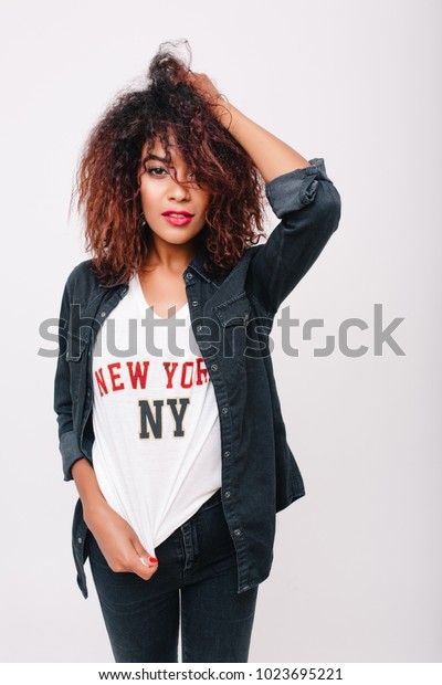 Goodlooking Female Model Brown Skin Playing Stock Image