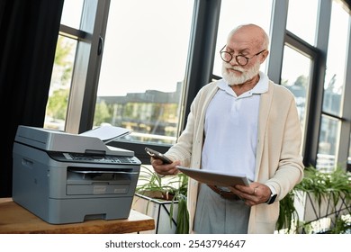 A good-looking senior businessman checks his phone while managing paperwork in a sleek, sunlit office setting. - Powered by Shutterstock