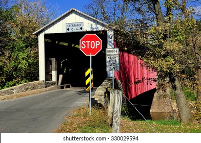 Goodville, Pennsylvania - October 19, 2015: Single Span, Double Burr Arch Truss 1859 Conestoga River Covered Bridge