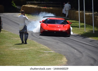 Goodwodd, United Kingdom - July 6, 2019: The One-off Ferrari P80/C Is Seen Performing A Burnout At The 2019 Goodwood Festival Of Speed. This Bespoke Car Is Developed By Ferrari's Special Projects Unit