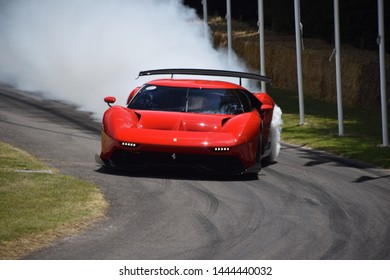 Goodwodd, United Kingdom - July 6, 2019: The One-off Ferrari P80/C Is Seen Performing A Burnout At The 2019 Goodwood Festival Of Speed. This Bespoke Car Is Developed By Ferrari's Special Projects Unit