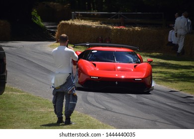 Goodwodd, United Kingdom - July 6, 2019: The One-off Ferrari P80/C Is Seen Performing A Burnout At The 2019 Goodwood Festival Of Speed. This Bespoke Car Is Developed By Ferrari's Special Projects Unit