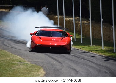 Goodwodd, United Kingdom - July 6, 2019: The One-off Ferrari P80/C Is Seen Performing A Burnout At The 2019 Goodwood Festival Of Speed. This Bespoke Car Is Developed By Ferrari's Special Projects Unit