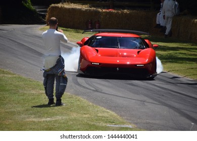 Goodwodd, United Kingdom - July 6, 2019: The One-off Ferrari P80/C Is Seen Performing A Burnout At The 2019 Goodwood Festival Of Speed. This Bespoke Car Is Developed By Ferrari's Special Projects Unit