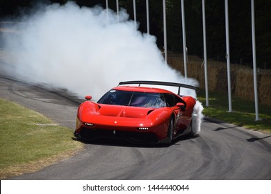 Goodwodd, United Kingdom - July 6, 2019: The One-off Ferrari P80/C Is Seen Performing A Burnout At The 2019 Goodwood Festival Of Speed. This Bespoke Car Is Developed By Ferrari's Special Projects Unit