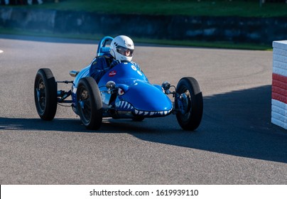 Goodwood, Sussex / UK - 15 September 2019: A Blue 1955 Cousy-Triumph Vintage Race Car (no. 19), Driven By Gareth Jones, Takes His Shark Through The Chicane In The Earl Of March Trophy: Revival. 