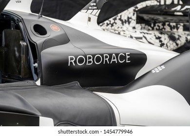 Goodwood, Sussex / UK - 5 July 2019: Close Up Of An Autonomous (automatic Car Without Driver). DevBot 2 Is A Black And White Season Alpha Branded ROBORACE Preparing To Race In The Festival Of Speed.