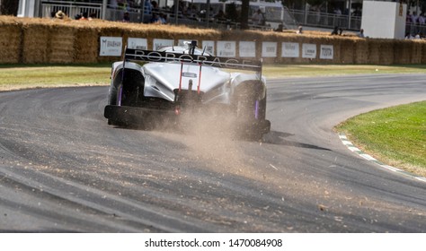 Goodwood, Sussex / UK - 6 July 2019: A Fully Autonomous Electric Car, Roborace DevBot 2.0, Spins The Dirt At The First Bend Of A Time Trial On The Hill At The Festival Of Speed: Driverless Technology.