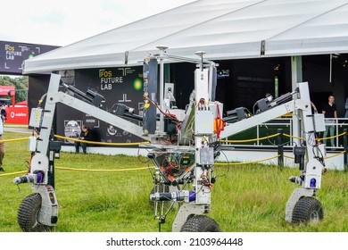 Goodwood, Sussex, UK - 8 July 2021: Prototype Rootwave robotic agricultural weeding device with long metal legs on wheels. The technology zaps weeds in the grass at Future Labs, Festival of Speed. 