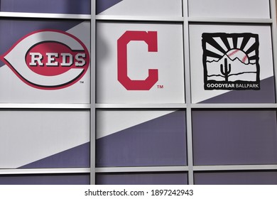 Goodyear Arizona 1-13-2021 Cincinnati Reds And Cleveland Indians Logos On A Window Of Goodyear Ballpark Their Spring Training Facility