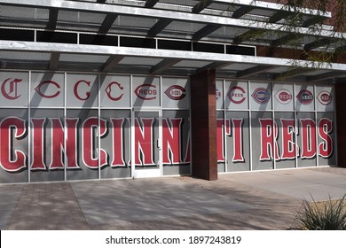 Goodyear Arizona 1-13-2021 Cincinnati Reds Sign On Windows At Goodyear Ballpark The Spring Training Facility For The Reds