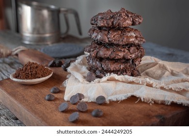 Gooey, double chocolate cookies, stacked.  Chocolate-chips and dark cocoa powder. - Powered by Shutterstock