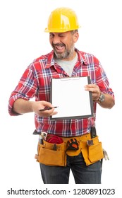 Goofy constructor indicating blank copyspace on clipboard with pen isolated on white studio background
