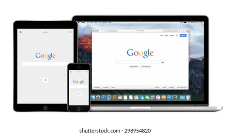 Google app on the Apple iPhone 5s and iPad Air2 displays and desktop version of Google search on the Apple Macbook Pro Retina screen. Isolated on white background. Varna, Bulgaria - February 02, 2015.