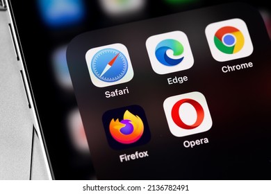 Google Chrome, Microsoft Edge, Firefox, Opera, Safari Apps Popular Browsers On The Screen IPhone. Moscow, Russia - February 26, 2022