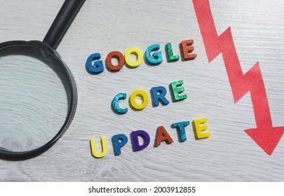 Google core update text with colorful letters with a red arrow and magnifying glass. Search engine optimization SEO, Digital Marketing term for Google algorithm update. WARSAW, POLAND - JUNE 26, 2021