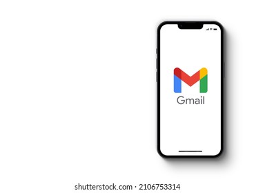 Google GMail app on the smartphone iPhone 13 screen. White background. Rio de Janeiro, RJ, Brazil. January 2022.