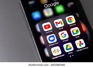 Google services (YouTube, Gmail, Chrome, Duo, Meet, Google Podcasts) icons app on smartphone screen. Google is the biggest Internet search engine in the world. Moscow, Russia - August 12, 2021