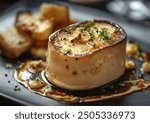 Goose foie gras with a smooth creamy texture presented on a decorative plate, shot at a restaurant angle view for an elegant food composition.