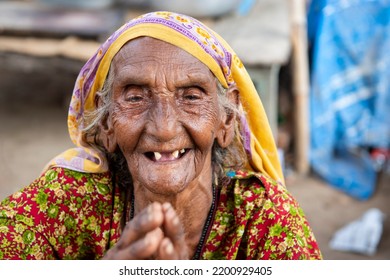 Gopalganj, Bihar, India-Sep 4 2022: Old Woman With Toothy Smile From Rural Area Of India, Mother, Nanny, And Grandmother, People Live In The Village Of The India, Senior Rural Wrinkled Indian Women,