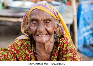 Gopalganj, Bihar, India-Sep 4 2022: Old Woman With Toothy Smile From Rural Area Of India, Mother, Nanny, And Grandmother, People Live In The Village Of The India, Senior Rural Wrinkled Indian Women,