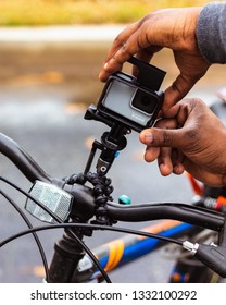 GoPro Hero 7 White Action Camera In Housing On Bike Handle Bars Baton Rouge, Louisiana USA - December 31 2018