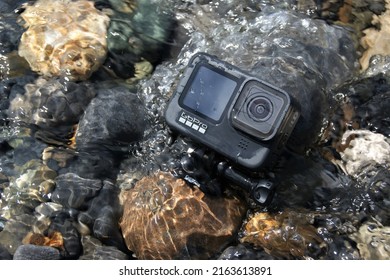 GoPro HERO 9 Black Action Camera Outdoors. Waterproof Action Camera In Water. Ireland 25.05.2022.