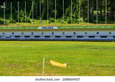 Goreljek, Slovenia - July 2021: Shooting range at Pokljuka biathlon arena off season