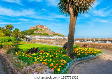 Gorey Castle and Harbour of Saint Martin, Jersey, Channel Islands, UK at low tide