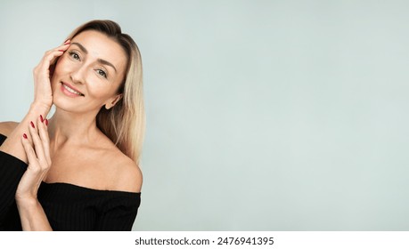 Gorgeous 50s mid middle aged mature woman isolated on white background. Healthy face skin care beauty. Old lady close up smile portrait. Anti age concept for Skincare, Cosmetics Product, web banner - Powered by Shutterstock