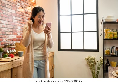 Gorgeous Adorable Good Looking Leisure Lifestyle Lady With Open Mouth On Modern Kitchen Background Raised Fist Up. Young Woman Looking Mobile Phone Screen Cheerful Smile Near Sunrise Window.