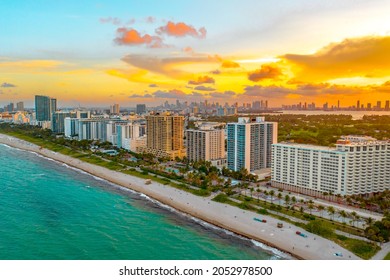 Gorgeous Aerial View Of Sunset In Miami Beach, Florida From A Drone