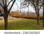 a gorgeous autumn landscape at Nashville Public Square Park with fallen autumn leaves, autumn colored trees and a man walking along the sidewalk in Nashville Tennessee USA