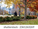 a gorgeous autumn landscape at Nashville Public Square Park with fallen autumn leaves, autumn colored trees and a man walking along the sidewalk in Nashville Tennessee USA