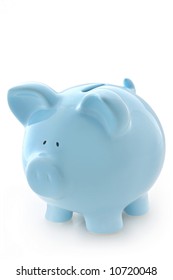 Gorgeous blue piggy bank, isolated on white with soft shadow.