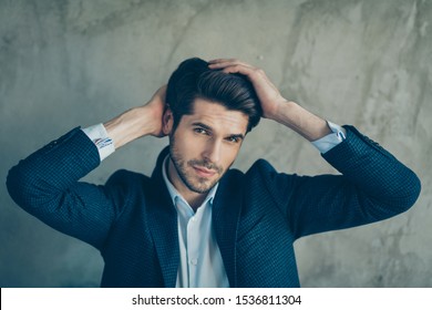 I Am Gorgeous! Close Up Photo Of Charming Classy Entrepreneur Visit Stylist Wash Hair With Anti Dander Gel Shampoo Look Mirror Touch Hair Enjoy Wear Blue Blazer Isolated Over Grey Color Background