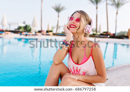 Similar – woman sitting with mixing table, in the terrace