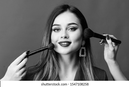 Gorgeous Lady Make Up Red Lips. Attractive Woman Applying Makeup Brush. Perfect Skin Tone. Stunning Beauty. Looking Good And Feeling Confident. Professional Makeup Supplies Shop. Makeup Courses.