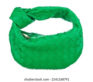 Gorgeous Little Handbag Made Of Woven Bright Green Leather, Isolated On A White Background. Frontal Location. Expensive Women's Accessories.