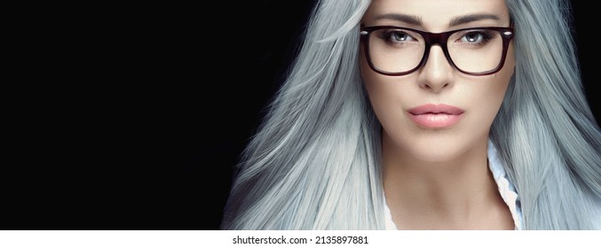 Gorgeous Midle-age Woman With Spectacles Looking At Camera. Eyewear And Clear Vision Concept. Closeup Banner Isolated On Black With Copy Space