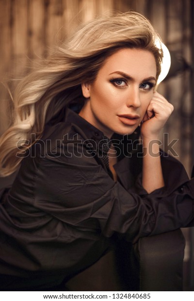 Gorgeous Model Blond Woman Portrait Black Stock Photo Edit Now