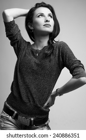 Gorgeous model looking up medium shot black and white
