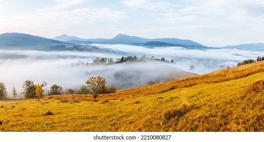 Gorgeous Morning Landscape Of The Countryside In The Mountains With Morning Fog. Location Place Carpathian Mountains, Ukraine, Europe. Autumn Photo. Incredible Wallpaper. Discover The Beauty Of Earth.