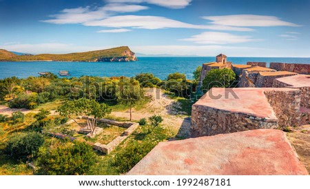 Gorgeous morning view of Ali Pasha Tepelena Fortress. Stunning spring seascape od Adriatic sea. Spectacular outdor scene of Albania, Europe. Traveling concept background.